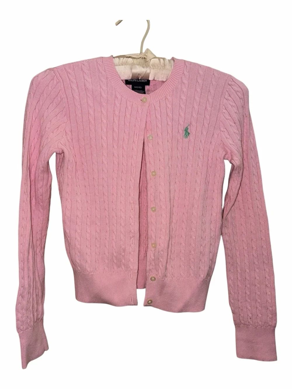 Ralph Lauren Mini-Cable Knit Cardigan with Green Pony Logo M Pink EUC